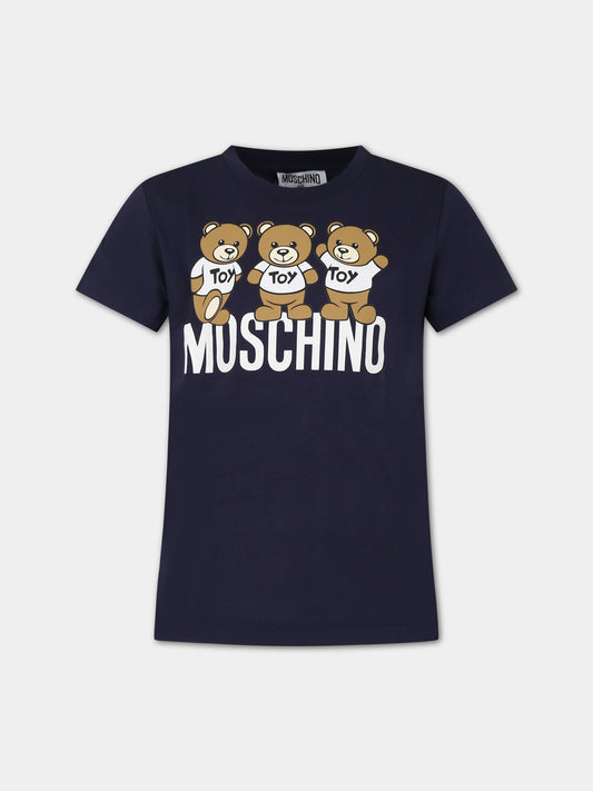 T-shirt blu per bambini con Teddy Bears e logo,Moschino Kids,HVM03U LAA34 40016