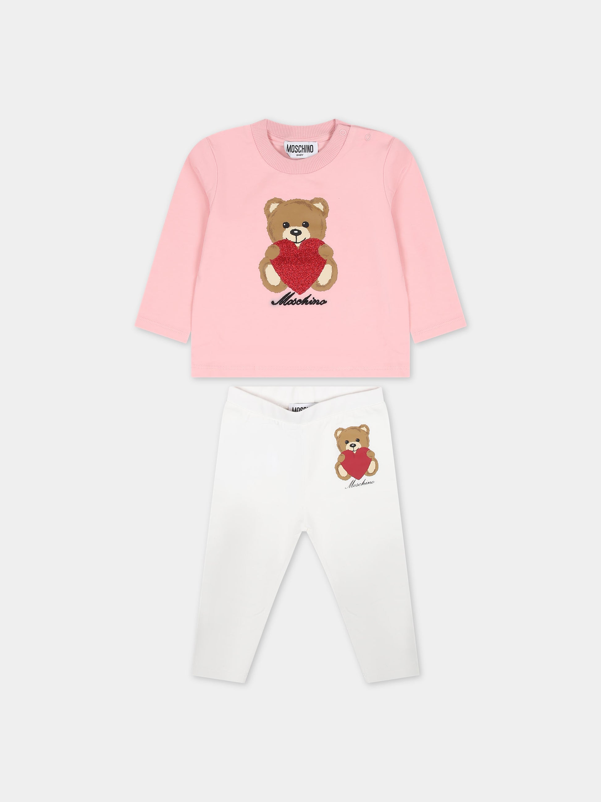 Completo rosa per neonata con Teddy Bear e cuore,Moschino Kids,MDK02M LBA11 84241