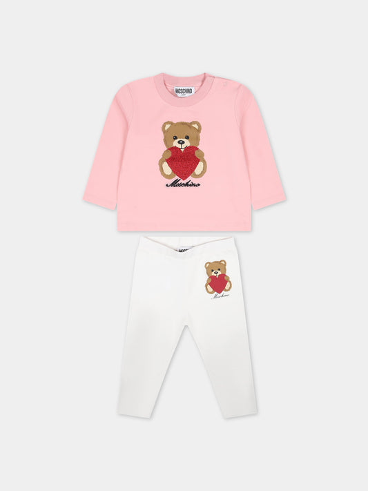 Completo rosa per neonata con Teddy Bear e cuore,Moschino Kids,MDK02M LBA11 84241