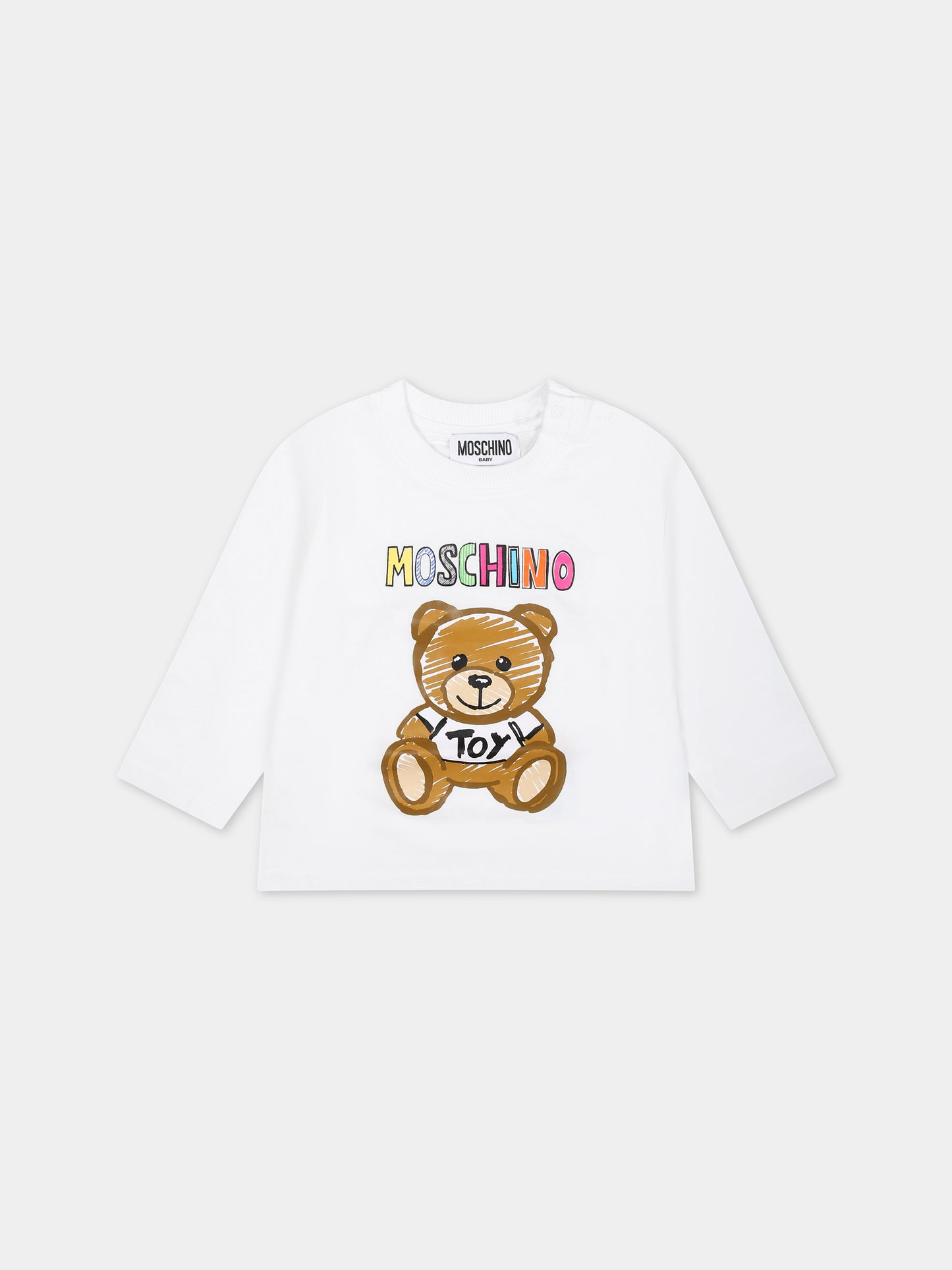 T-shirt bianca per neonati con Teddy Bear e logo multicolor,Moschino Kids,MYO00D LAA01 10101