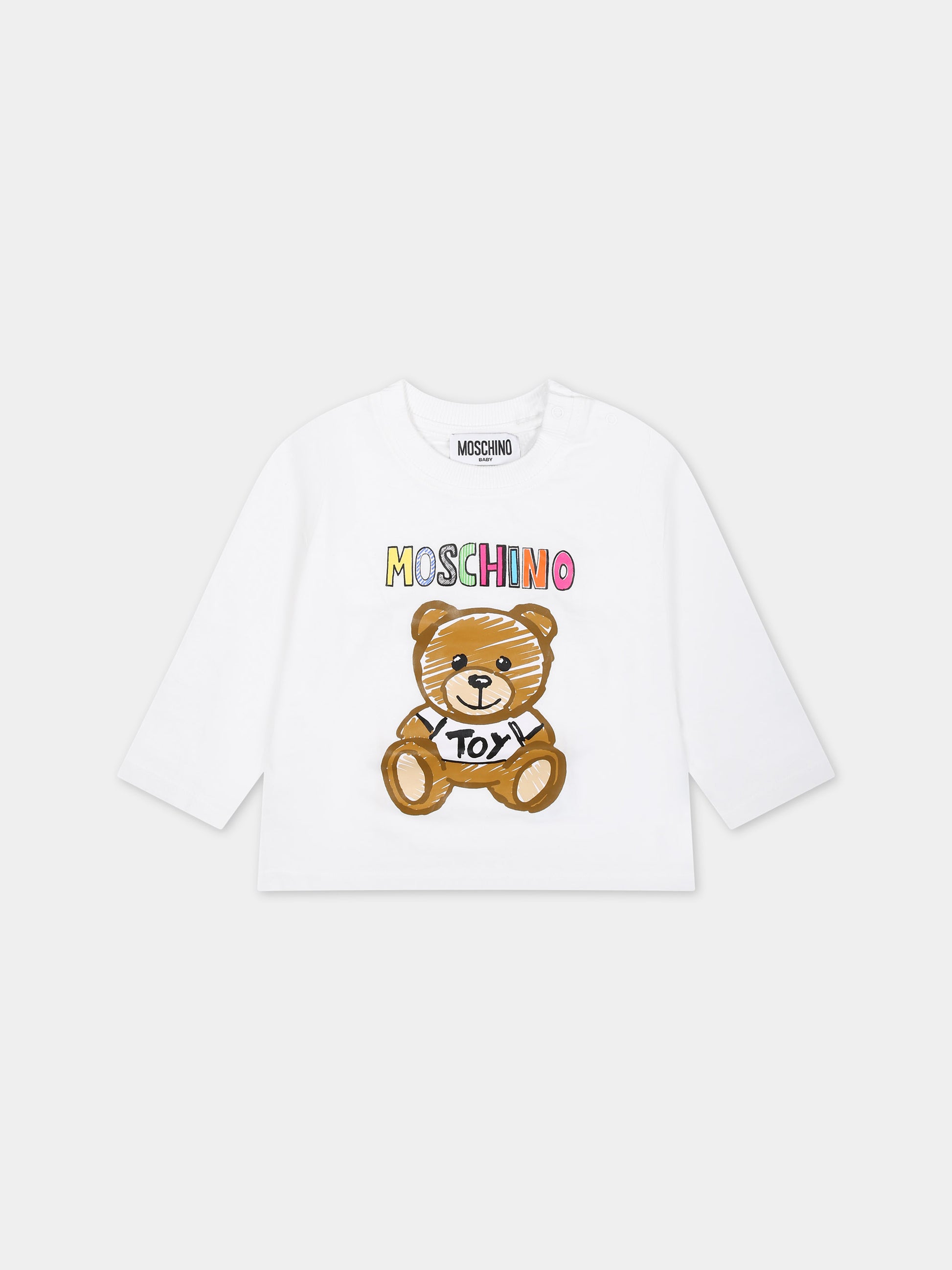 T-shirt bianca per neonati con Teddy Bear e logo multicolor,Moschino Kids,MYO00D LAA01 10101
