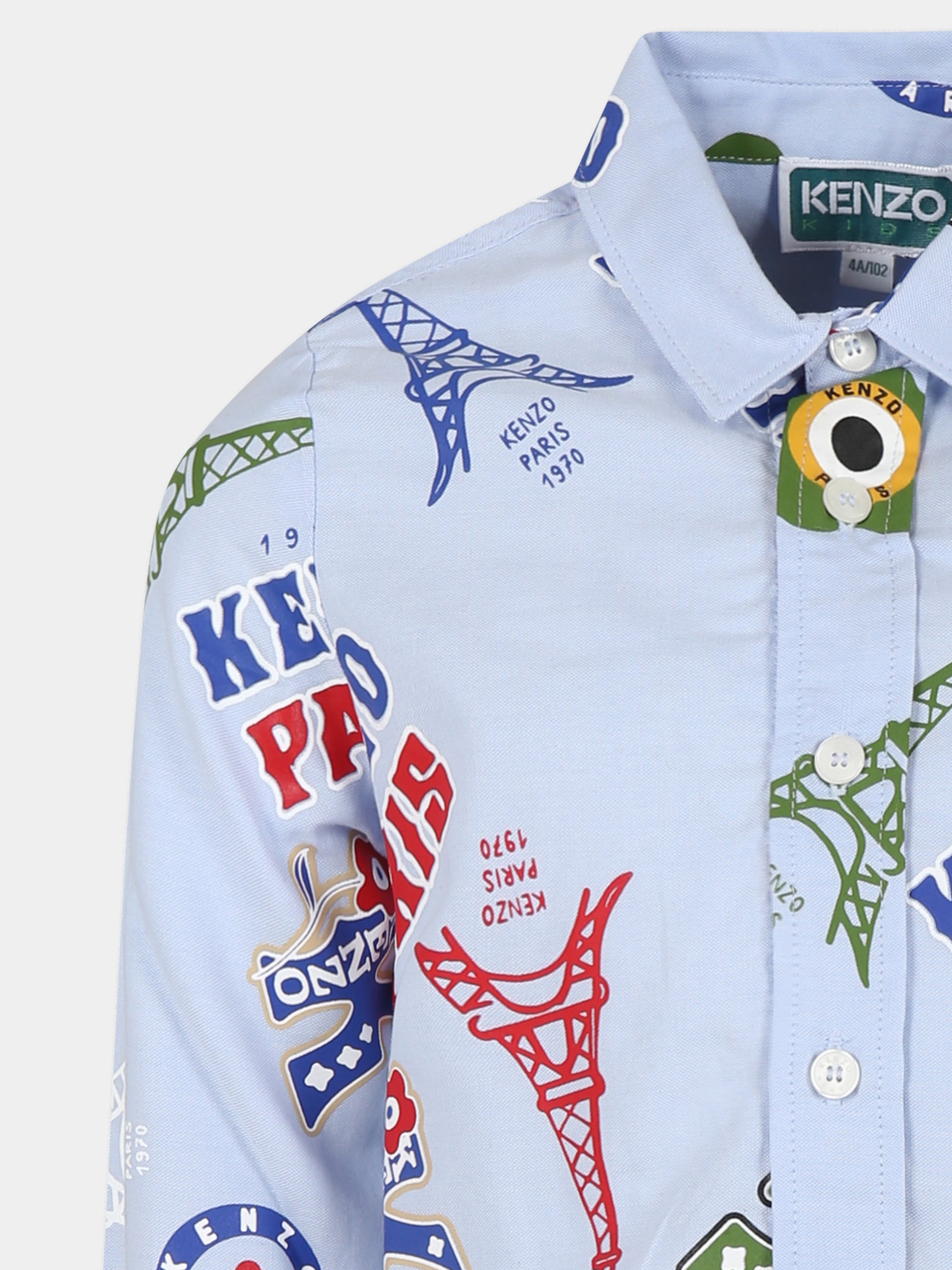 Camicia celeste per bambino con stampa Tour Eiffel,Kenzo Kids,K60806 80T