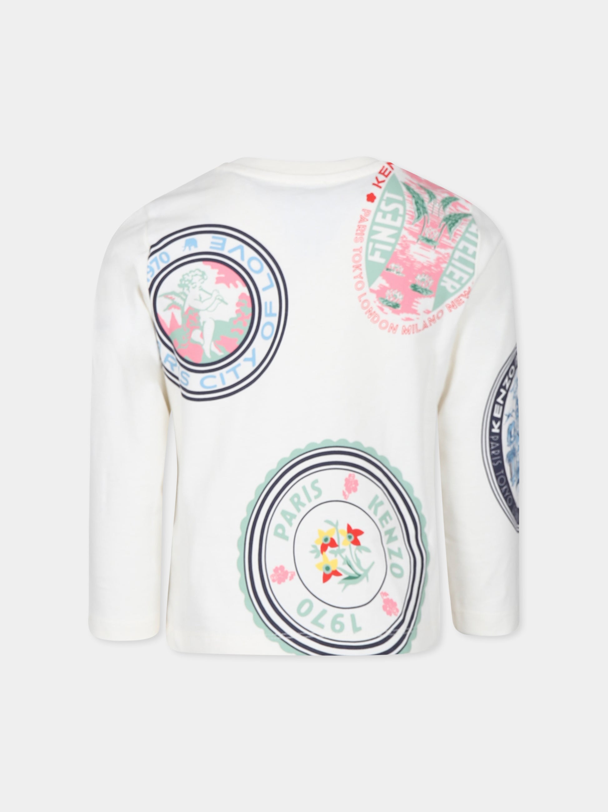 T-shirt avorio per bambina con stampa e logo,Kenzo Kids,K60715 121