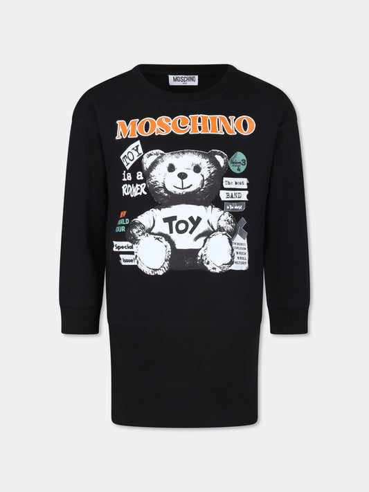 Vestito nero per bambina con Teddy Bear e slogan,Moschino Kids,HDV0FG LDA16 60100