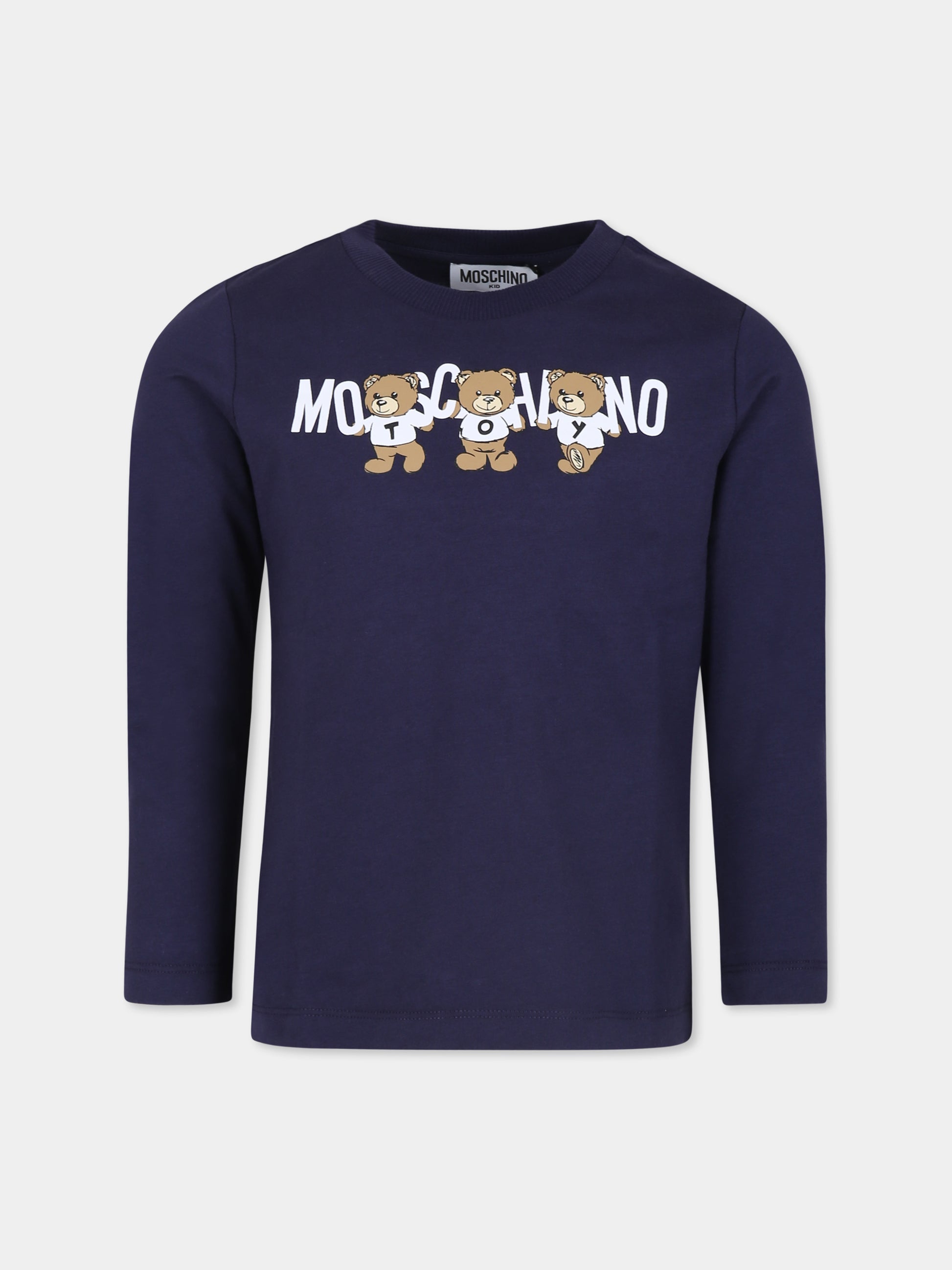 T-shirt blu per bambini con tre Teddy Bears,Moschino Kids,HQO00J LAA10 40016