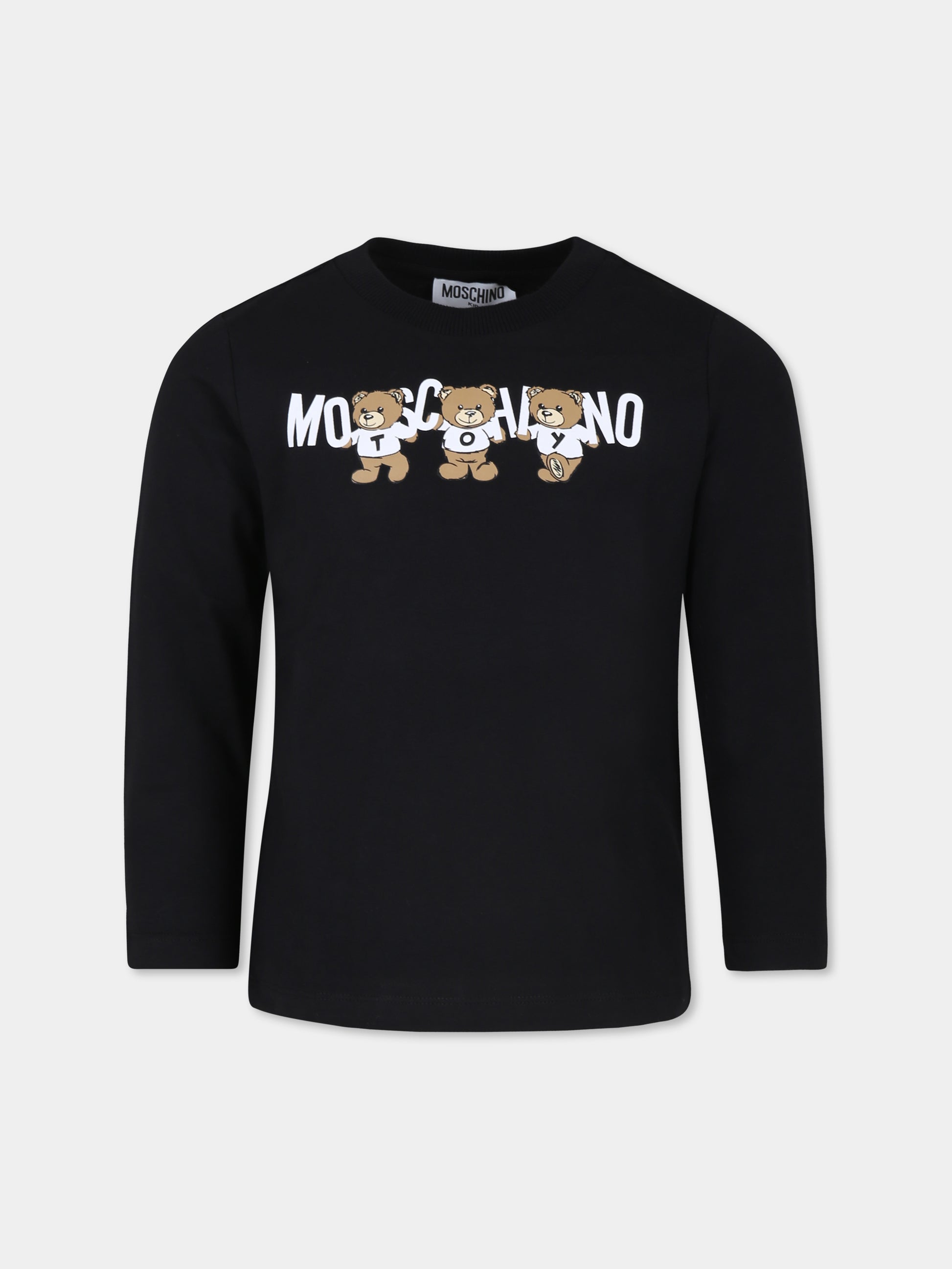 T-shirt nera per bambini con tre Teddy Bears,Moschino Kids,HQO00J LAA10 60100