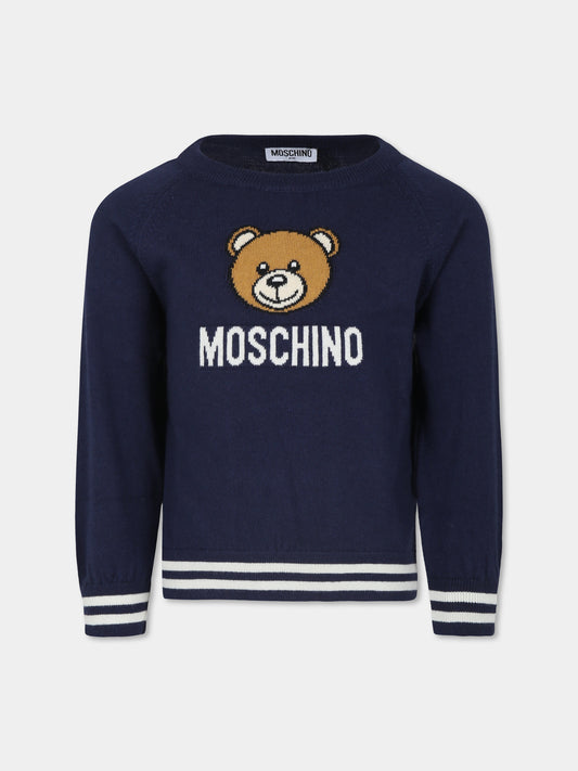 Maglione blu per bambini con Teddy Bear,Moschino Kids,HUW015 LHE43 40016