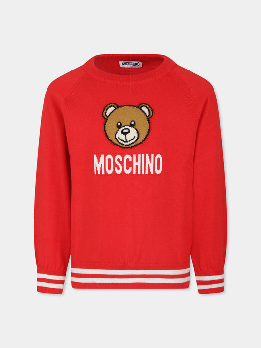 Maglione rosso per bambini con Teddy Bear,Moschino Kids,HUW015 LHE43 50109