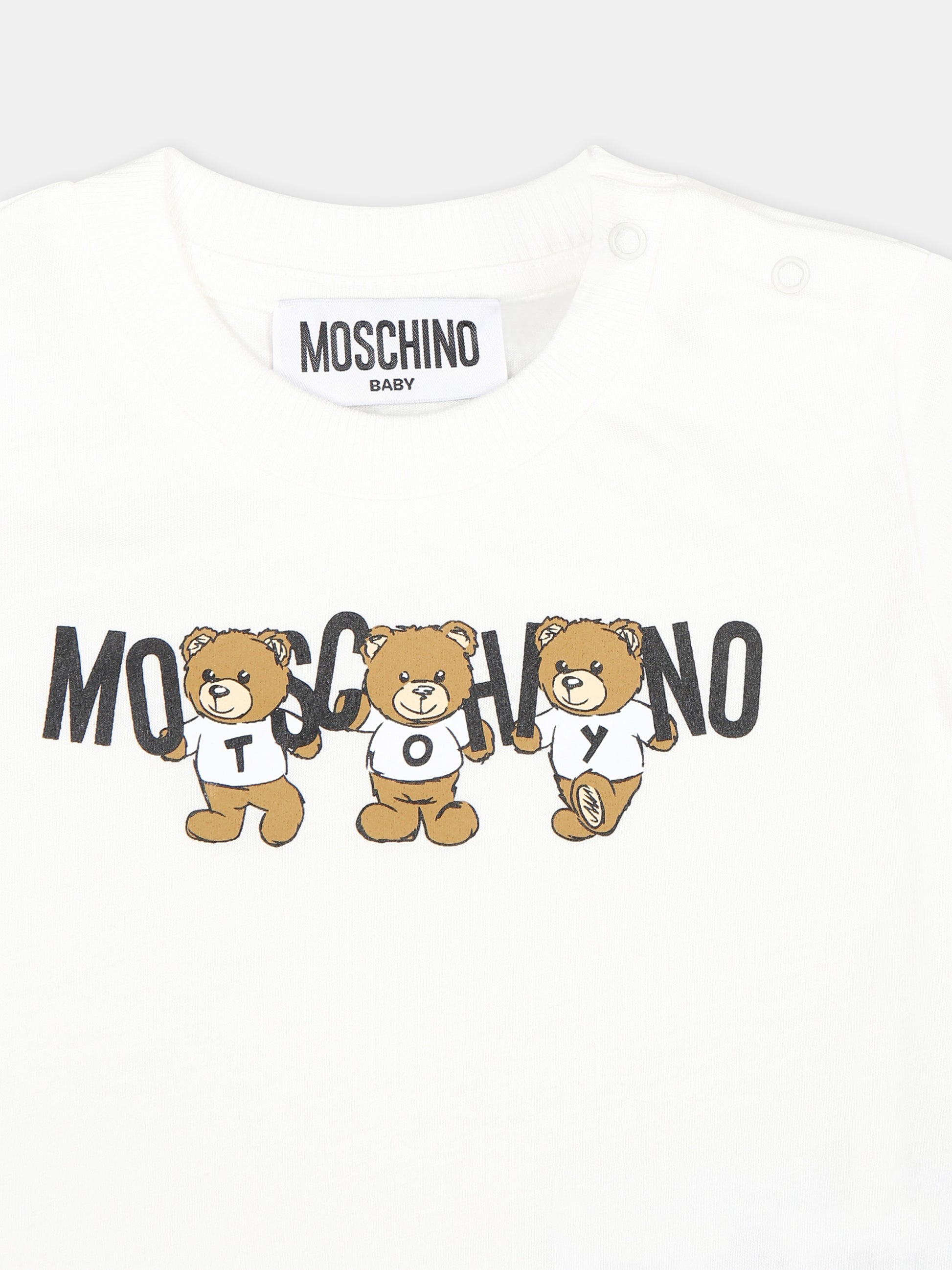 T-shirt avorio per neonati con tre Teddy Bears,Moschino Kids,M7M032 LAA10 10063