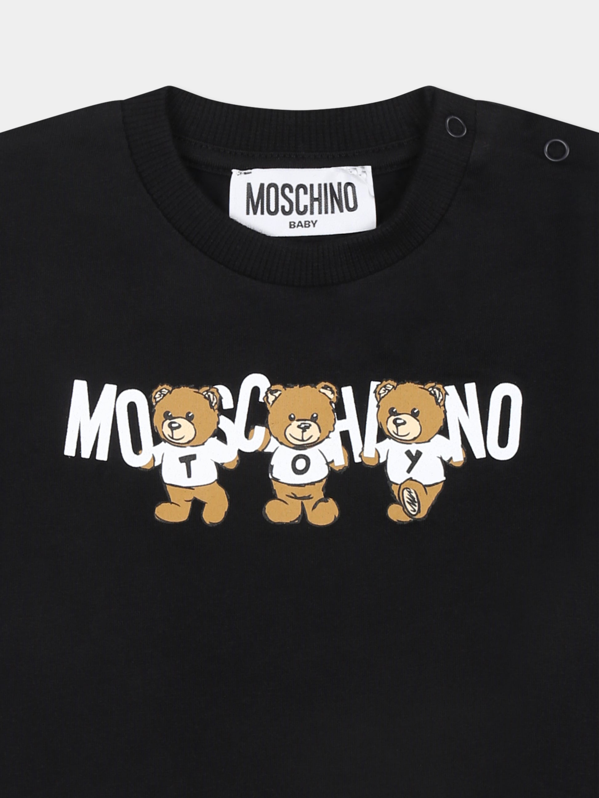 T-shirt nera per neonati con tre Teddy Bears,Moschino Kids,M7M032 LAA10 60100