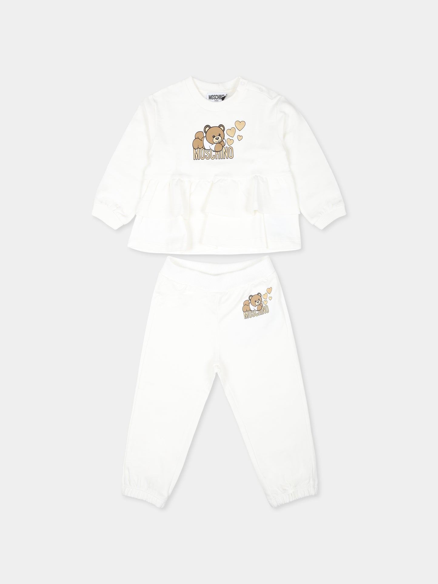 Completo avorio per neonata con Teddy Bear e cuori,Moschino Kids,MDK02Z LDA16 10063