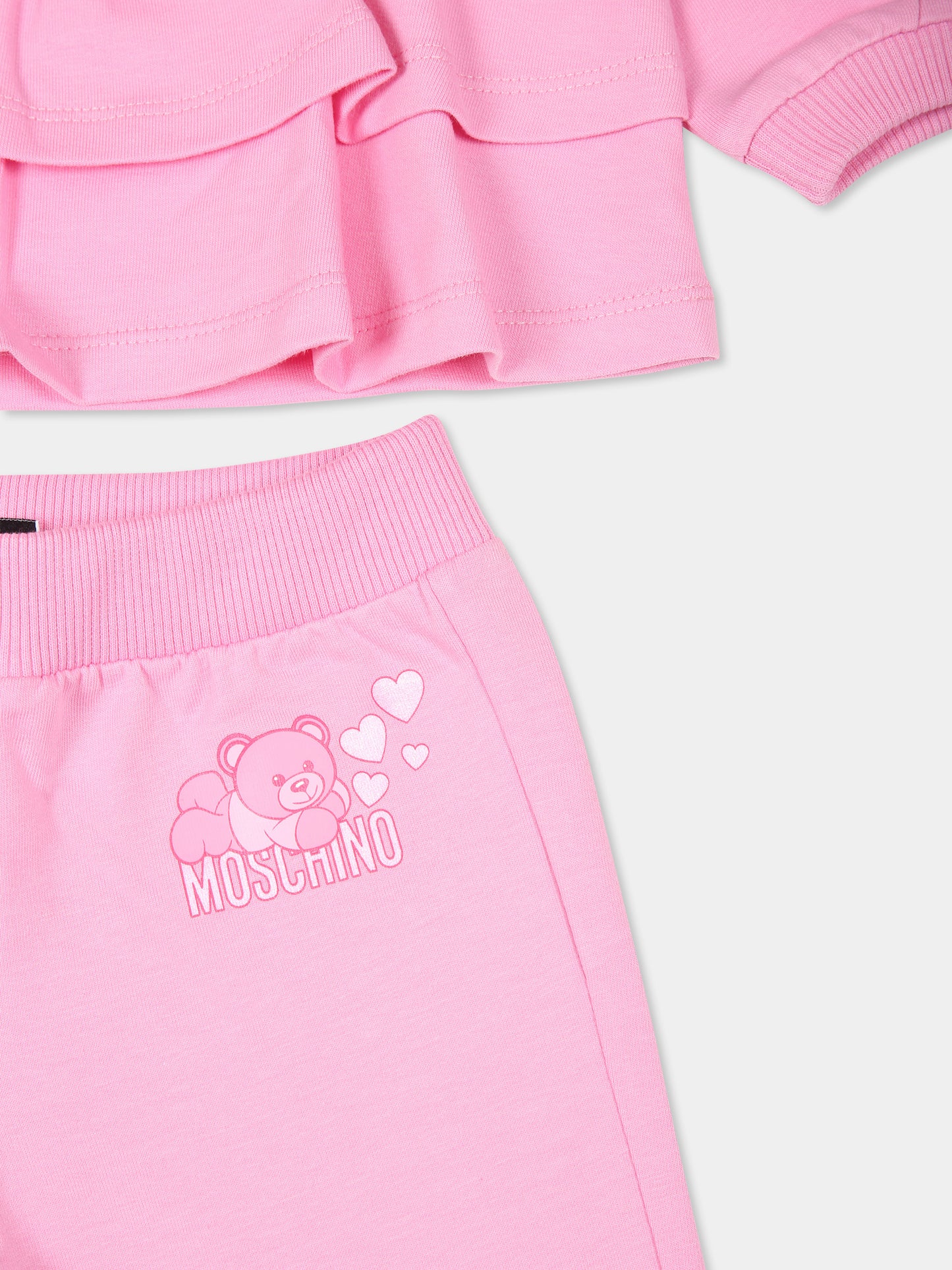 Completo rosa per neonata con Teddy Bear e cuori,Moschino Kids,MDK02Z LDA16 50243