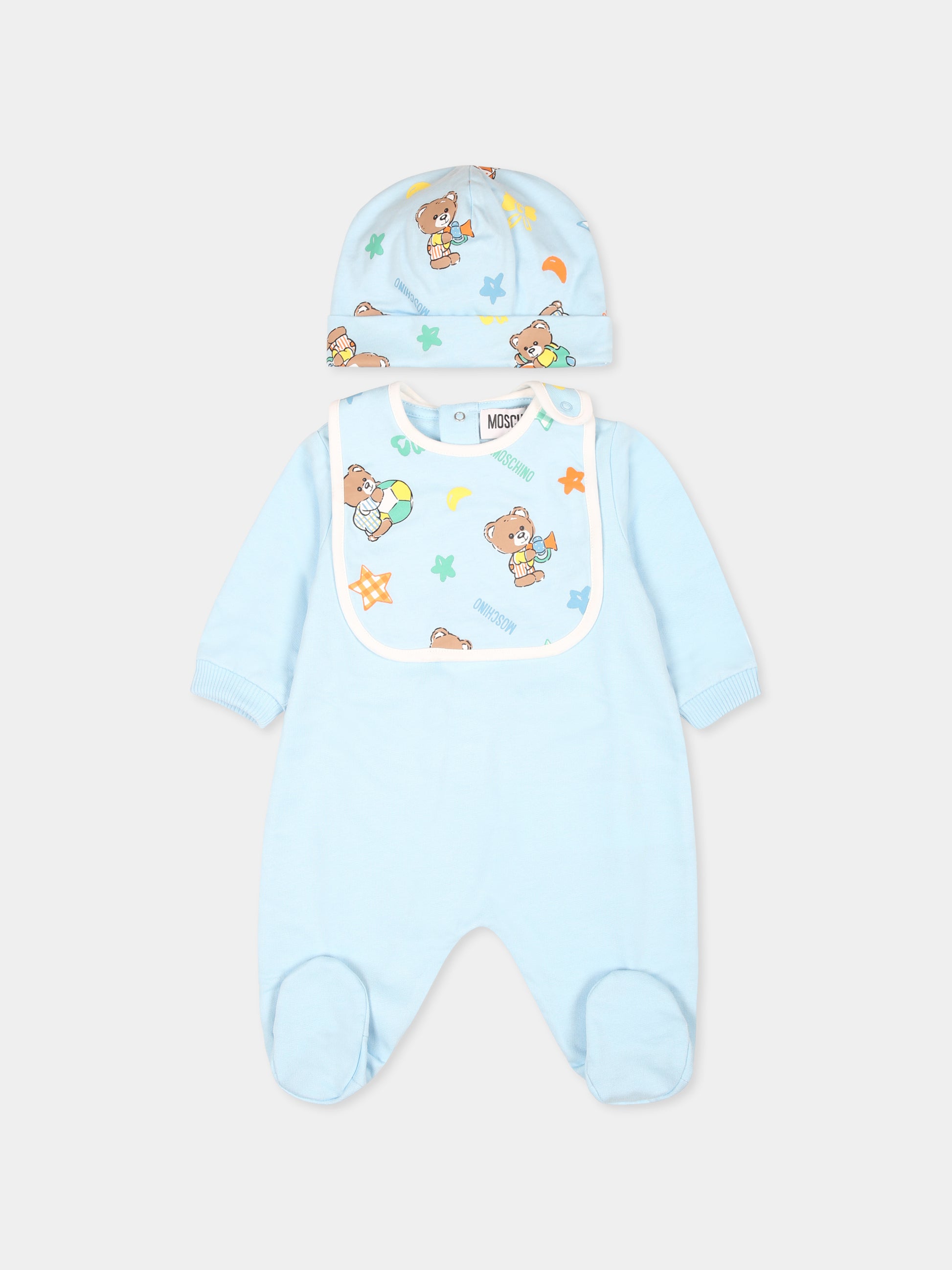 Set tutina celeste per neonato con Teddy Bear e stelle,Moschino Kids,MMY04G LCA40 40304