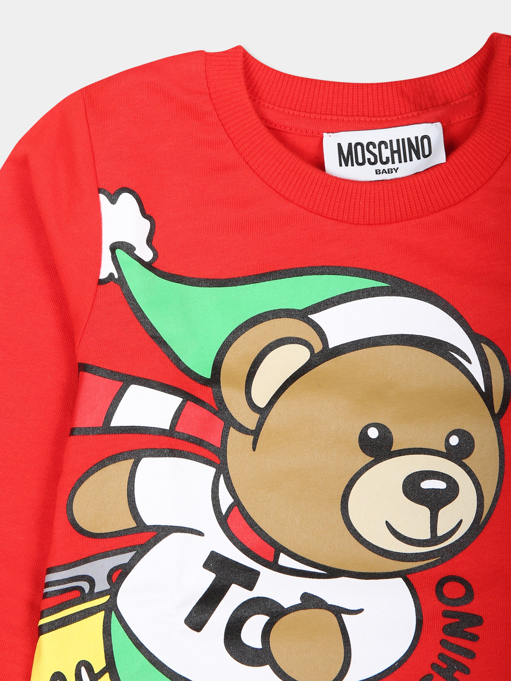 T-shirt rossa per neonati con Teddy Bear natalizio,Moschino Kids,MSO00R LAA10 50109