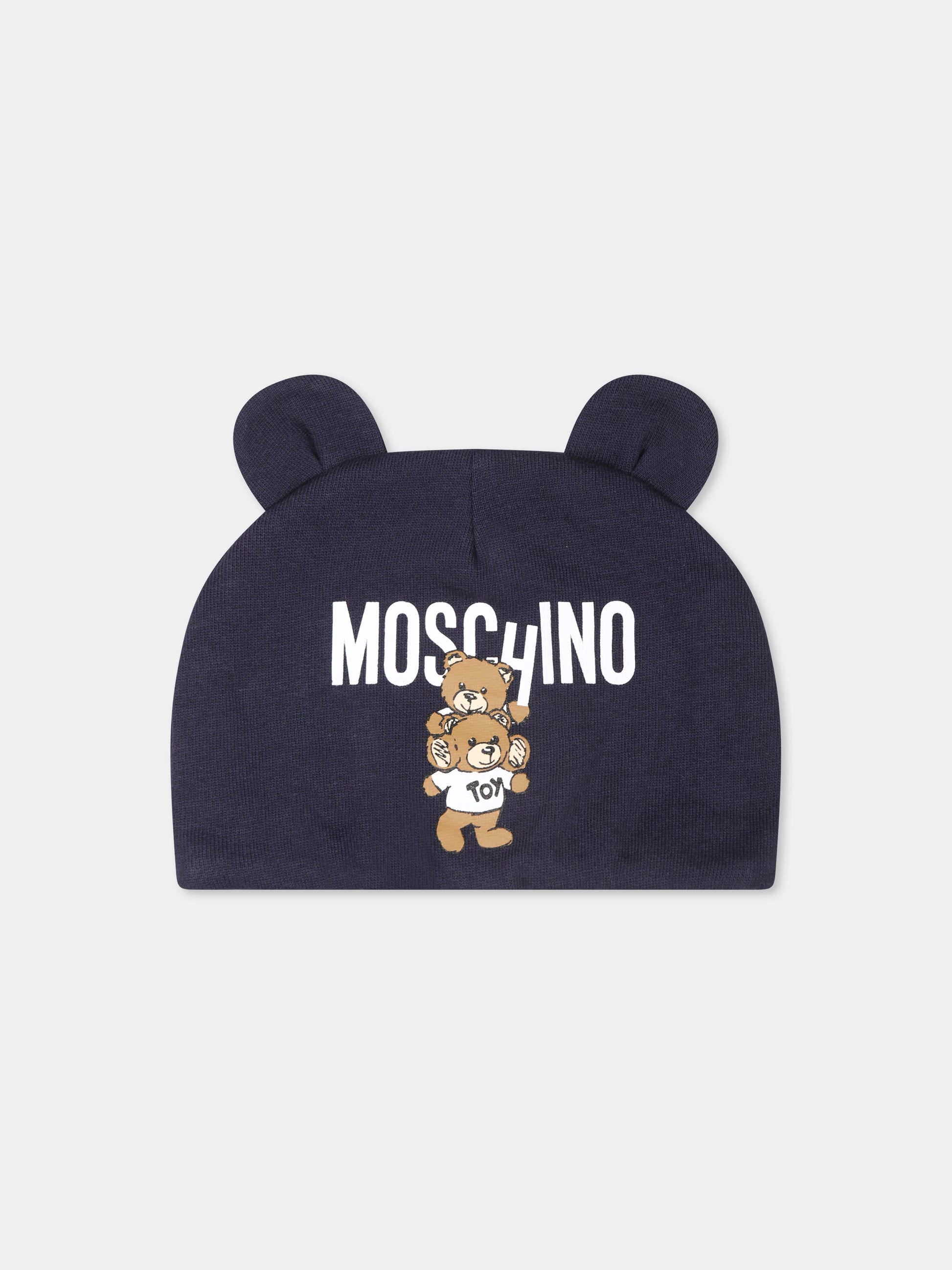 Cappello blu per neonato con due Teddy Bear,Moschino Kids,MUX04V LCA14 40016