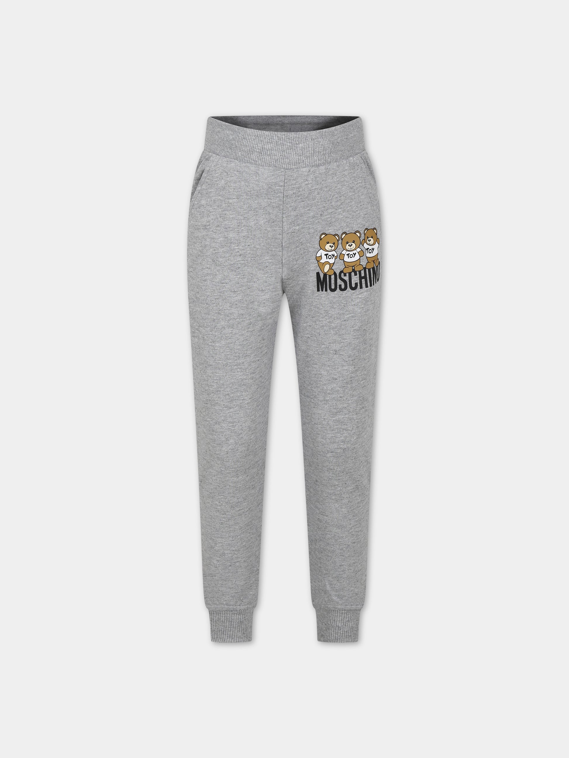 Pantaloni grigi per bambini con tre Teddy Bears e logo,Moschino Kids,HUP079 LCA40 60901
