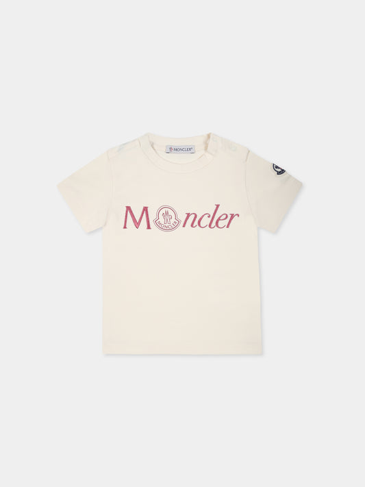 T-shirt avorio per neonata con logo fucsia,Moncler Kids,J2951 8C00006 8790N 050