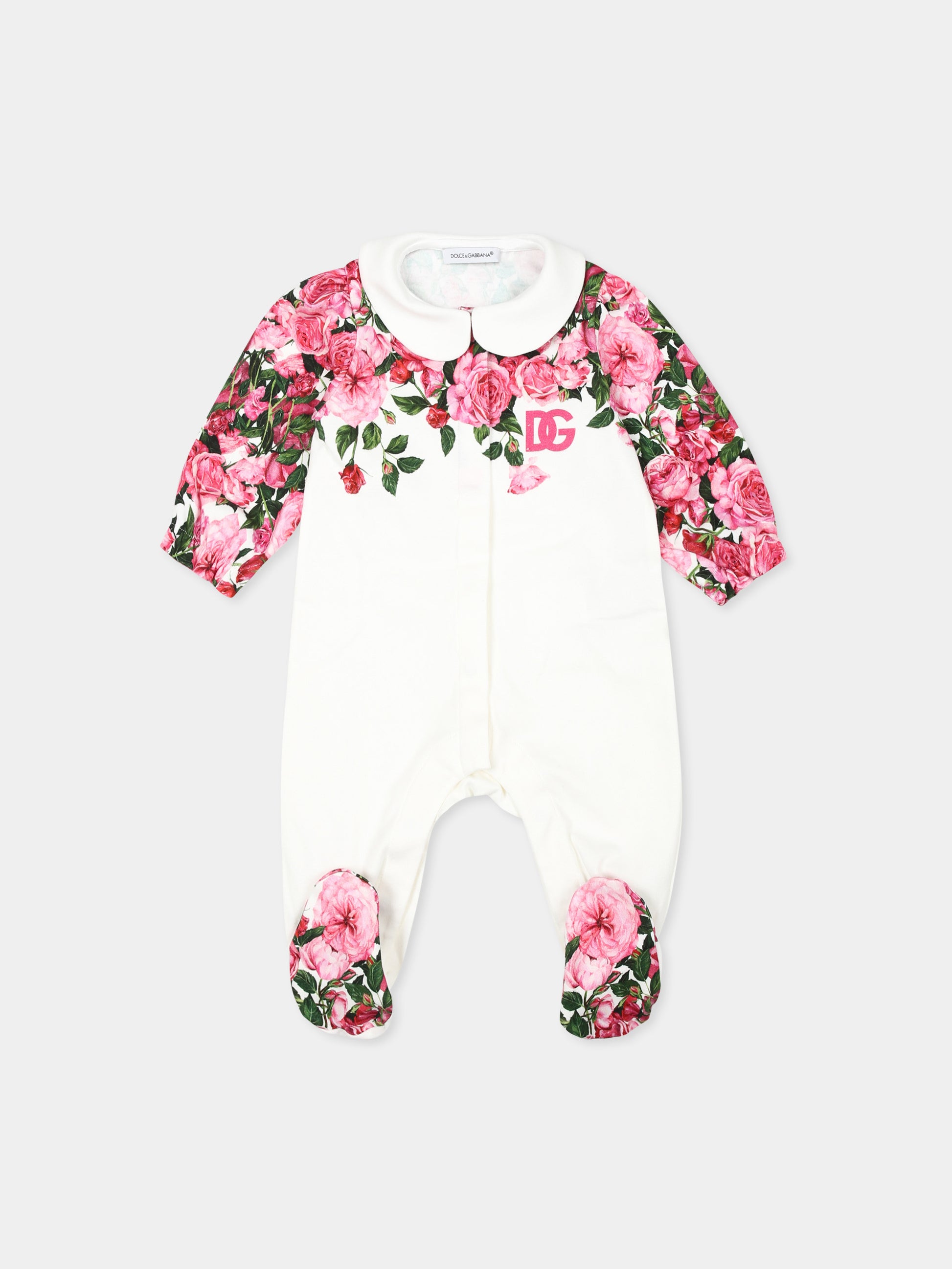 Set tutina bianca per neonata con logo DG e stampa rose,Dolce & Gabbana Kids,L2JO2Y II7E8 HW412