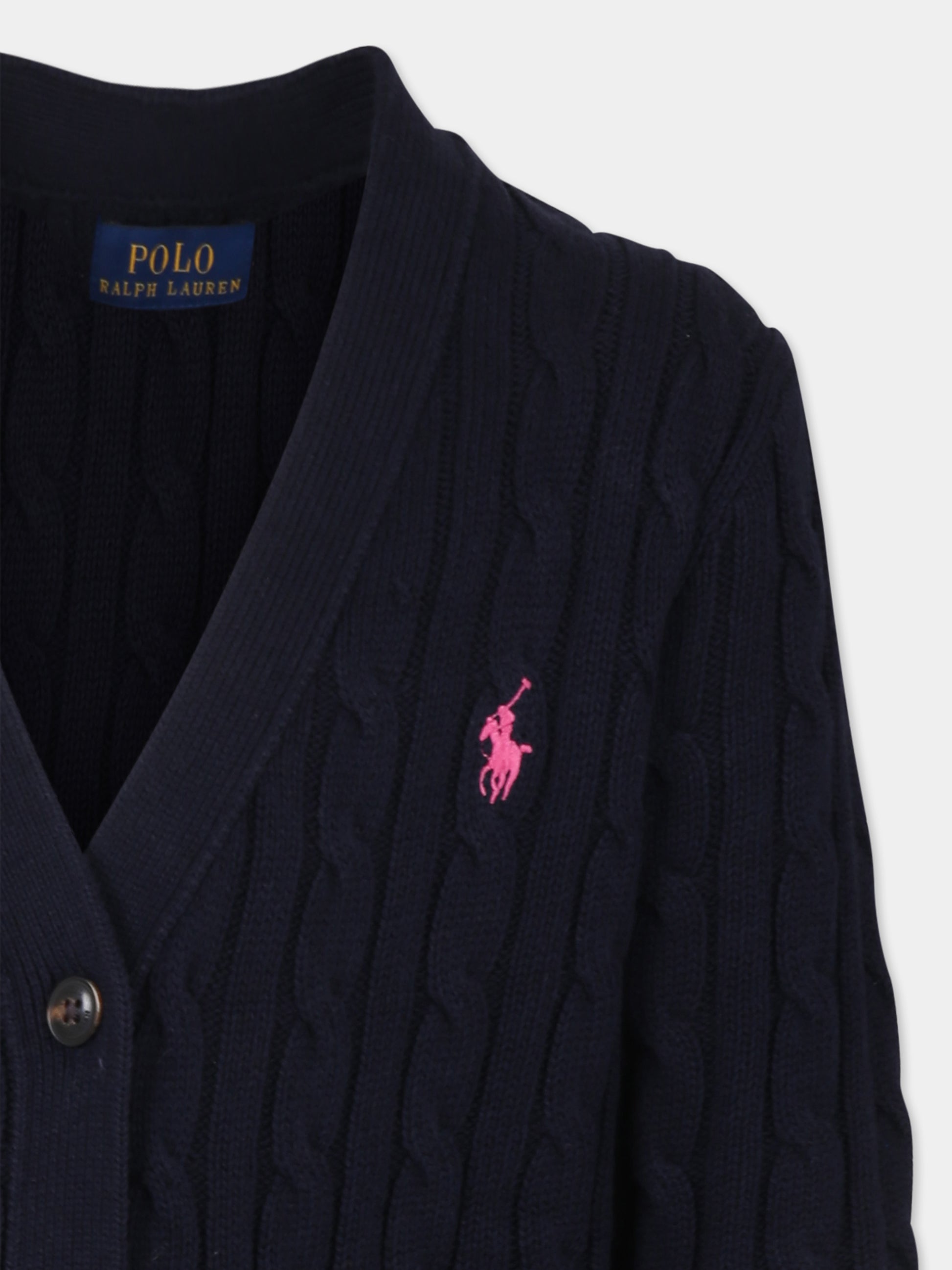 Cardigan blu per bambina con cavallino,Ralph Lauren Kids,950765001