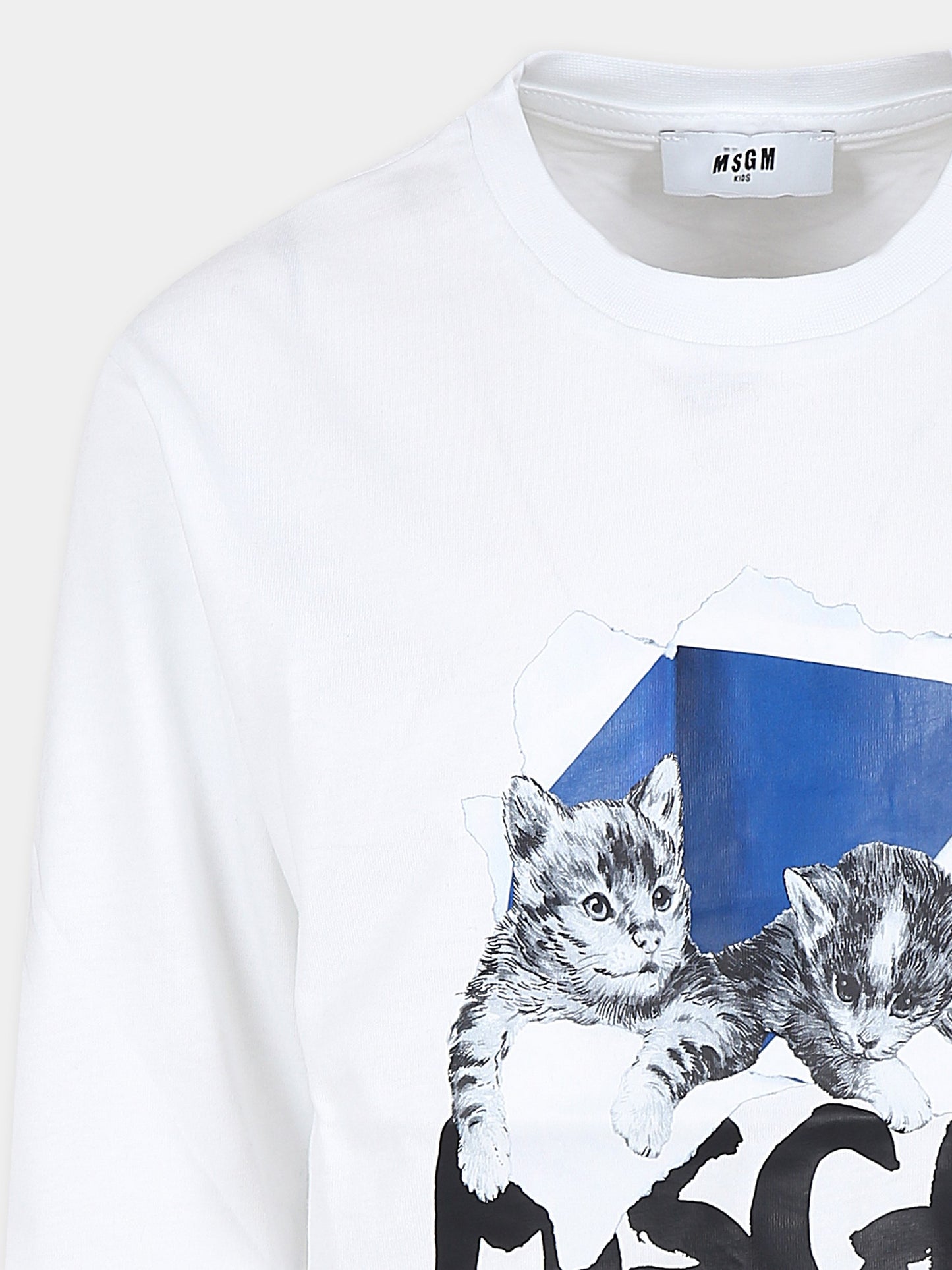 T-shirt bianca per bambina con logo e gatti,Msgm Kids,F4MSJGTH223 001