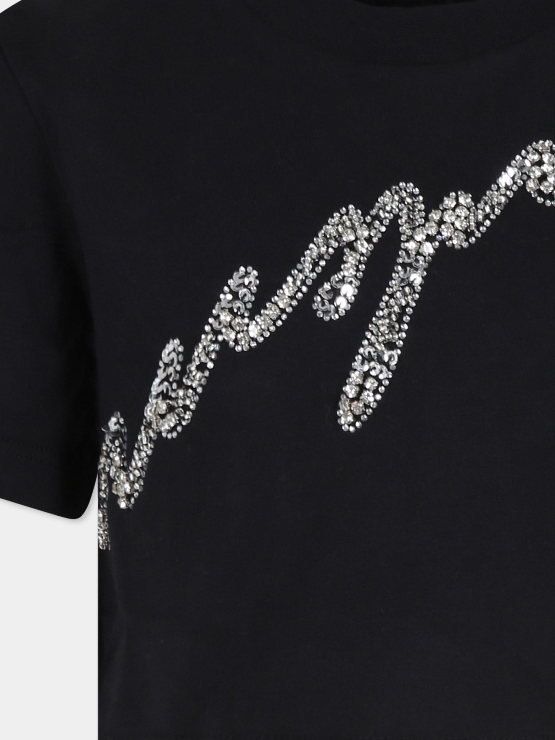 T-shirt crop nera per bambina con logo e strass,Msgm Kids,F4MSJGTH116 110