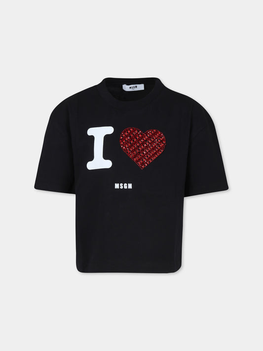 T-shirt nera per bambina con logo e cuore,Msgm Kids,F4MSJGTH143 110