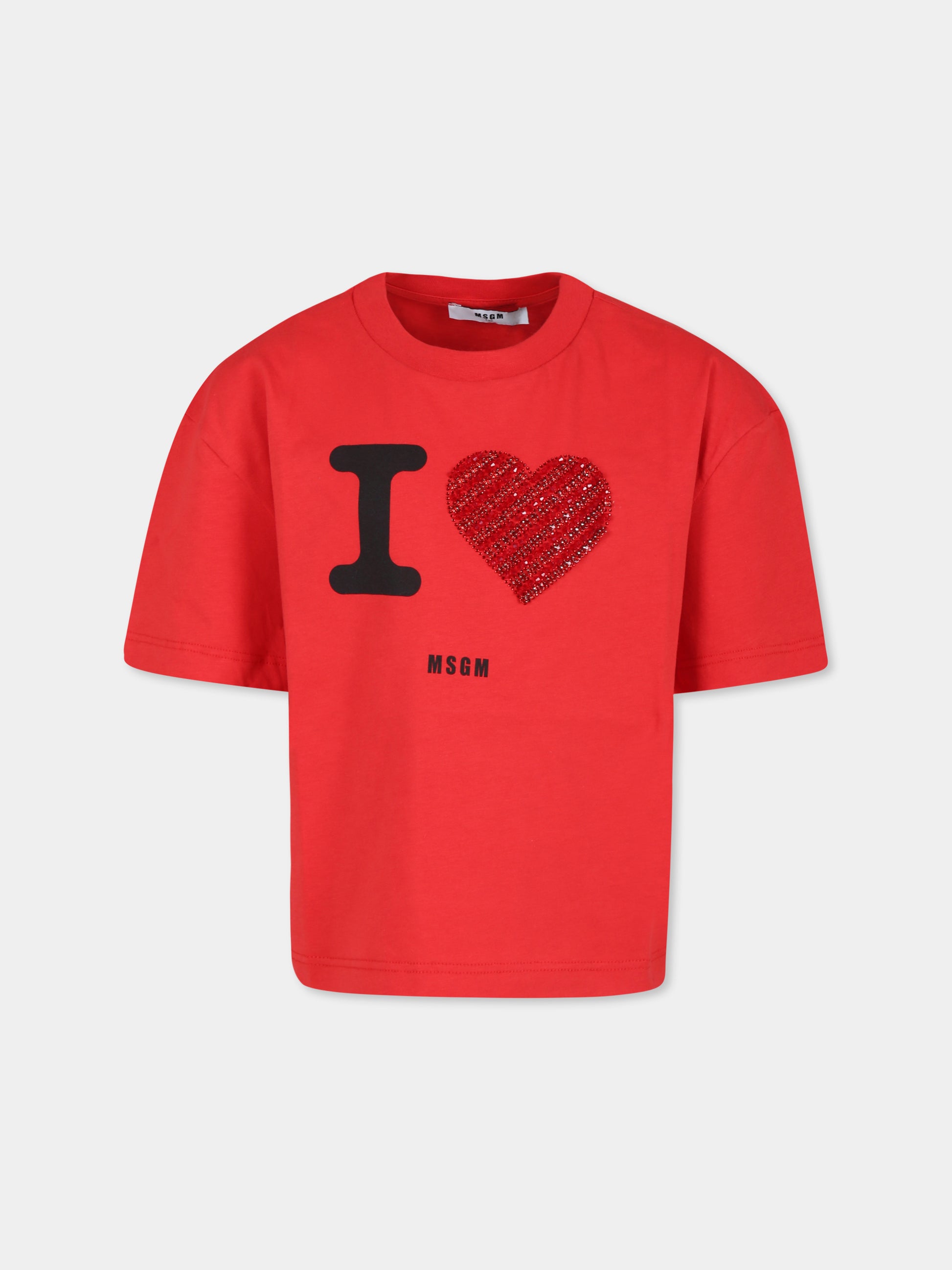 T-shirt rossa per bambina con logo e cuore,Msgm Kids,F4MSJGTH143 040