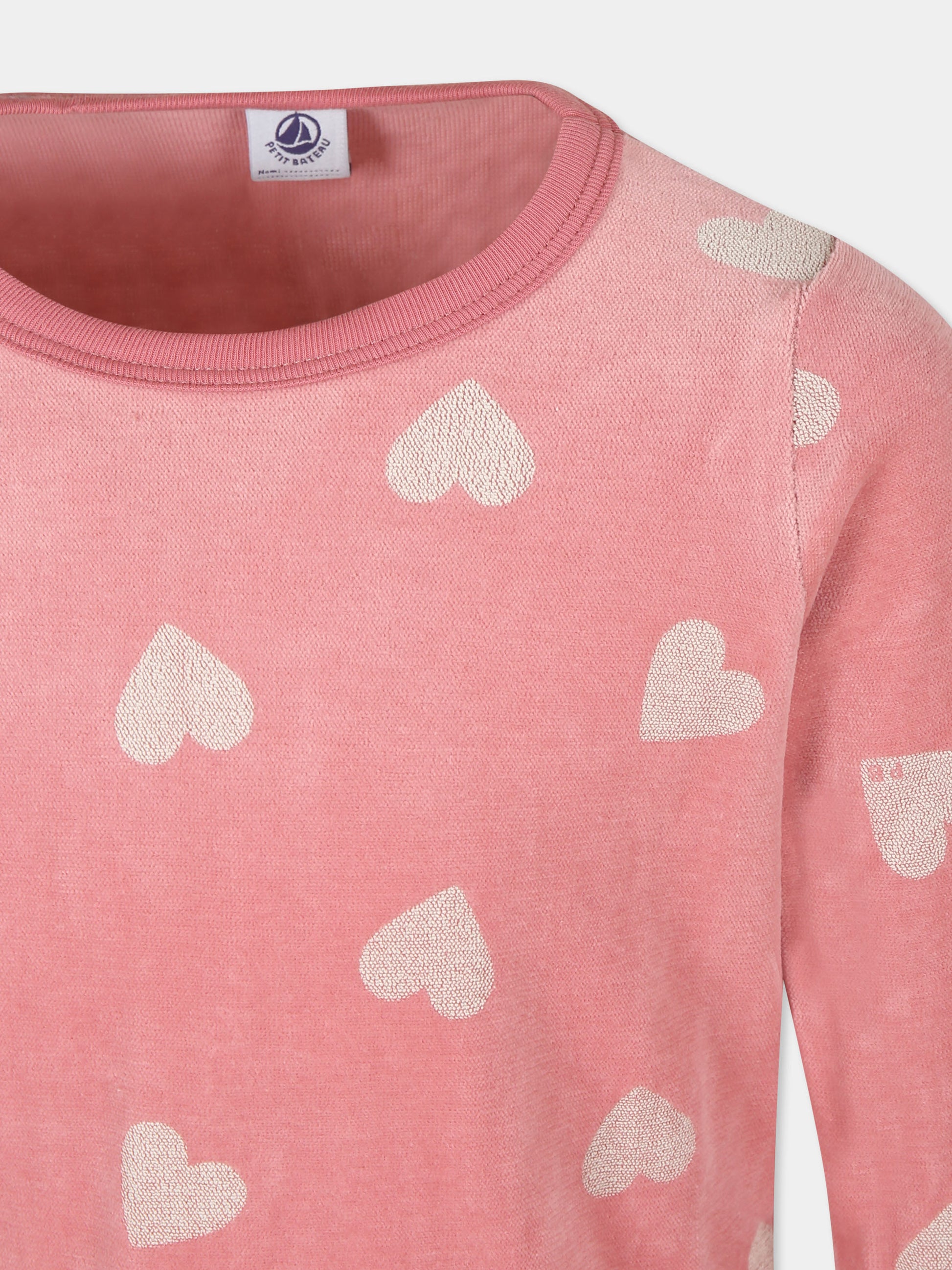 Pigiama rosa per bambina con cuori,Petit Bateau,A0BMD ROSEWOOD/MARSHMALLOW 01