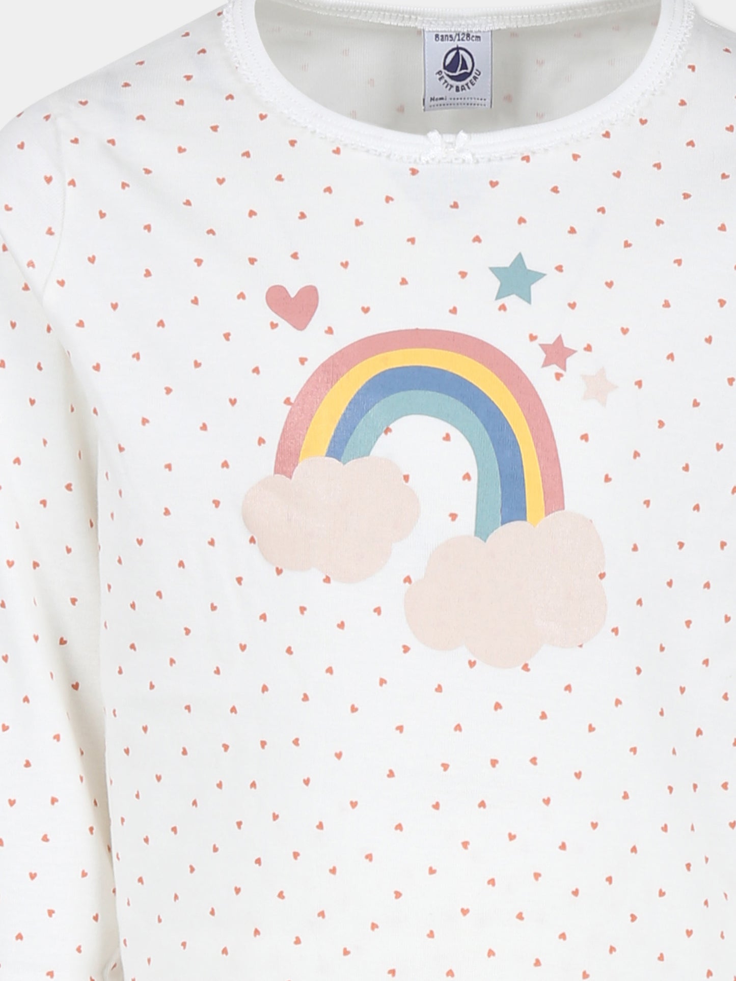 Pigiama avorio con arcobaleno e cuori per bambina,Petit Bateau,A0B86 MARSHMALLOW/PAPAYE 01