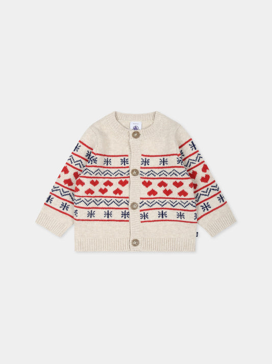 Cardigan beige per neonati con cuori,Petit Bateau,A0AY5 AVALANCHE/MULTICO 01