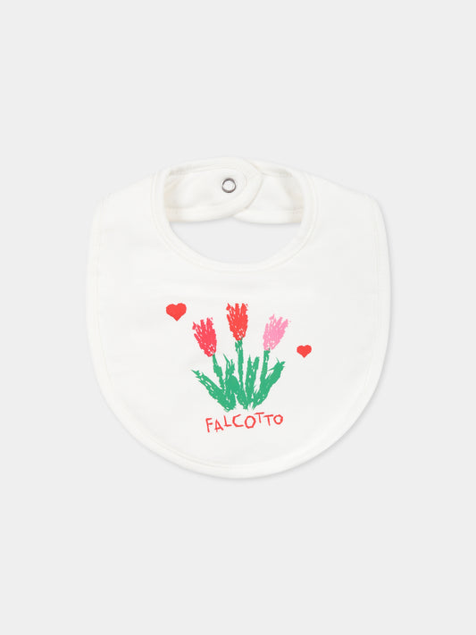 Bavaglino bianco per neonata con logo e fiori,Falcotto,0N02 001 6002530 01