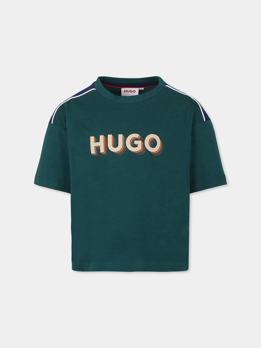 T-shirt verde per bambino con logo,Hugo,G00154 66H