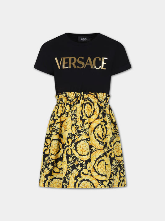 Vestito nero per bambina con logo Versace e stampa barocco,Versace,1000327 1A10104 2B130