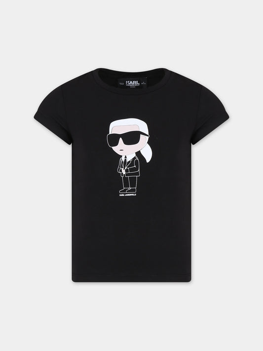 T-shirt nera per bambina con stampa Karl Lagerfeld e logo,Karl Lagerfeld Kids,Z15418 09B