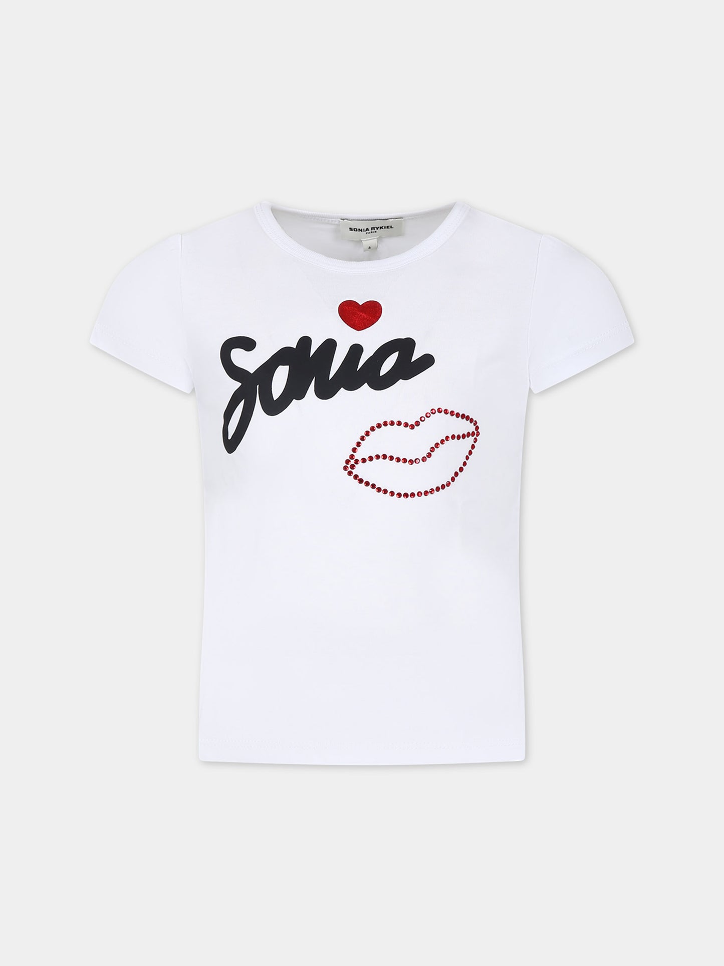 T-shirt bianca per bambina con logo e strass,Sonia Rykiel Paris,A15014 10P