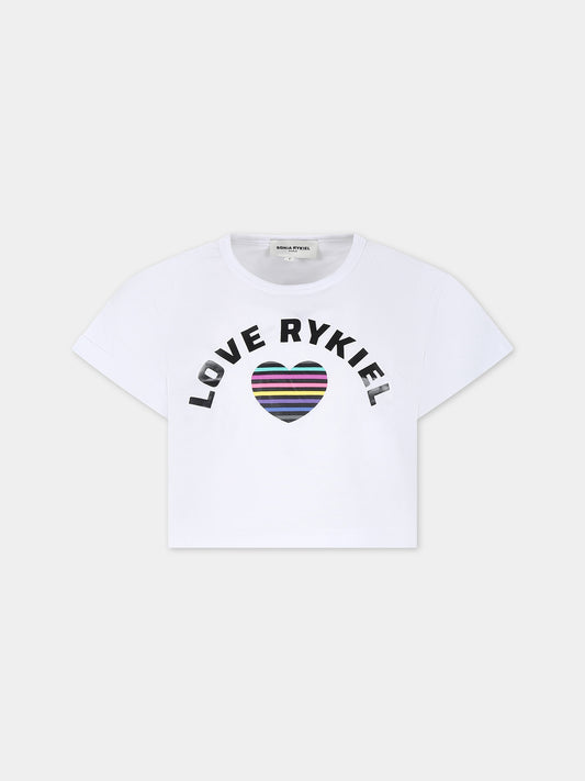 T-shirt crop bianca per bambina con logo e cuore,Sonia Rykiel Paris,A15015 10P