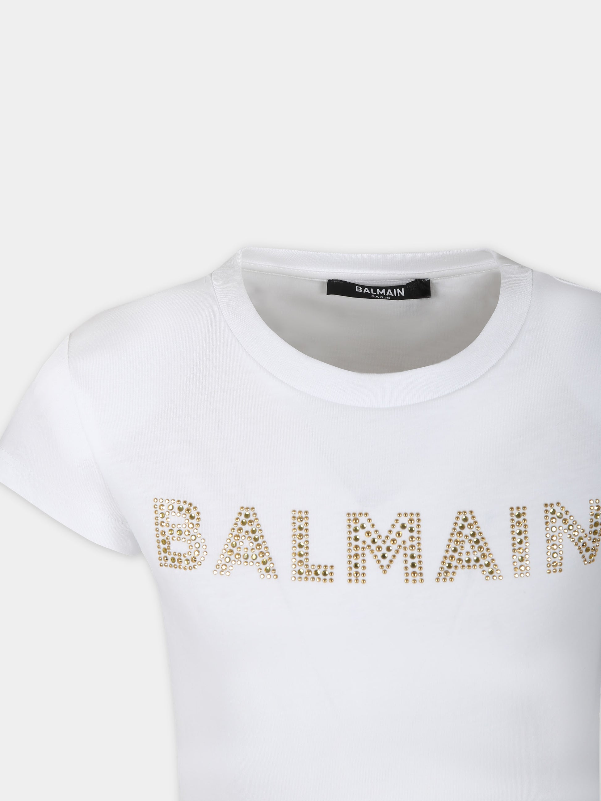 T-shirt bianca per bambina con logo e strass,Balmain Kids,BT8A21 J0177 100