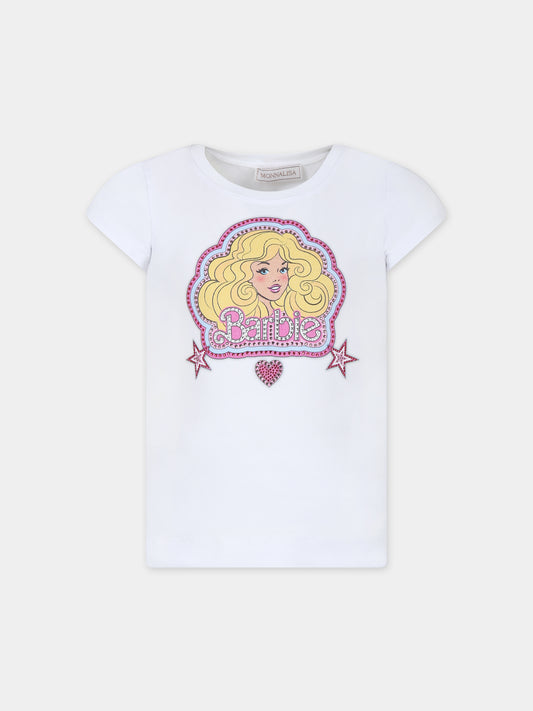 T-shirt bianca per bambina con stampa Barbie e strass,Monnalisa,19C635 3011 0099