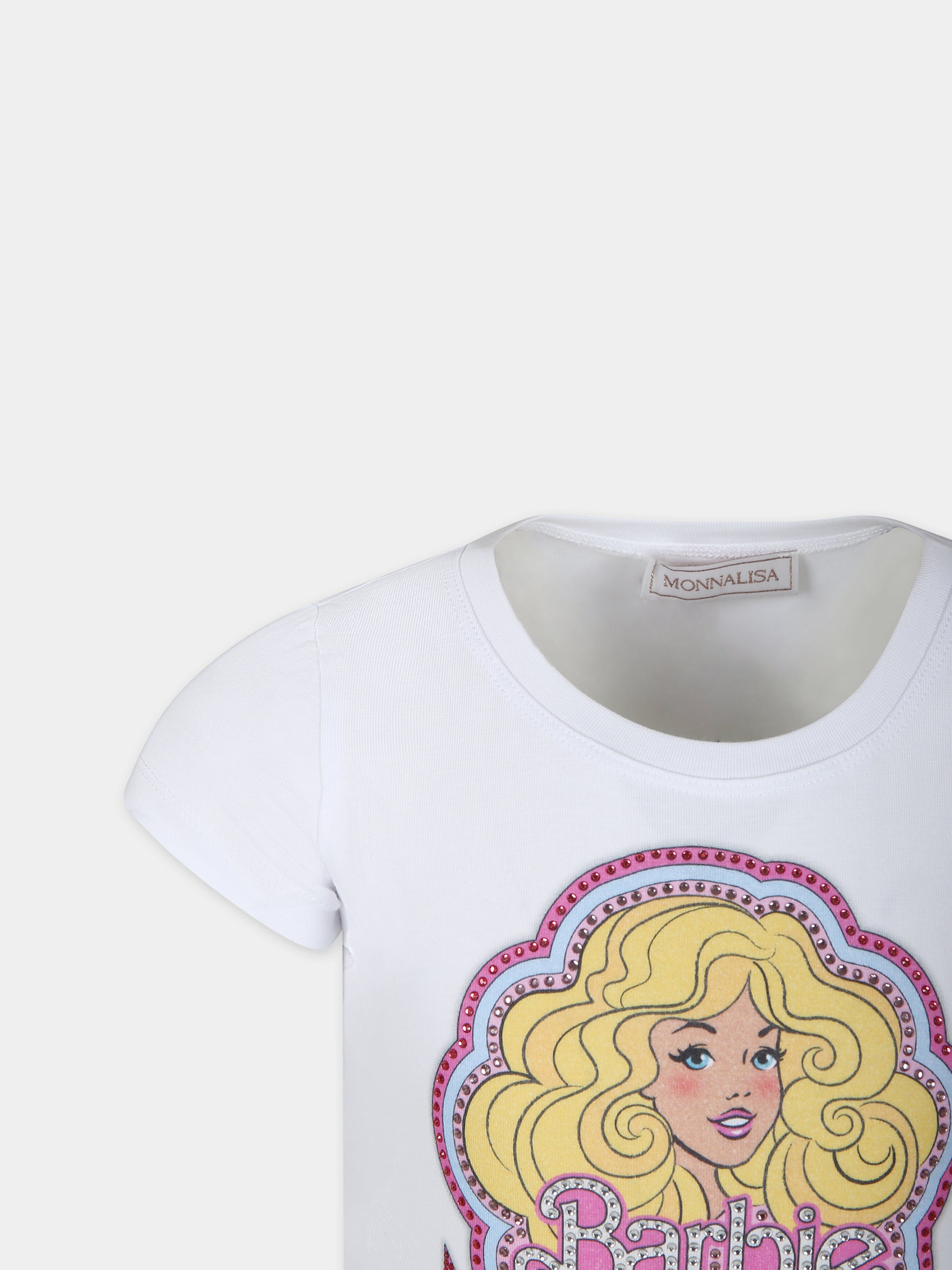 T-shirt bianca per bambina con stampa Barbie e strass,Monnalisa,19C635 3011 0099