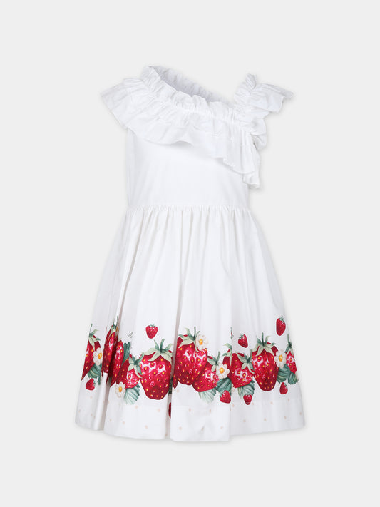 Vestito bianco per bambina con stampa fragole,Monnalisa,11C920 3635 9944