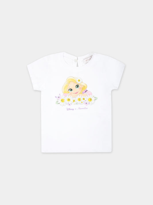 T-shirt bianca per neonata con stampa Rapunzel e logo,Monnalisa,39C615 3003 0099