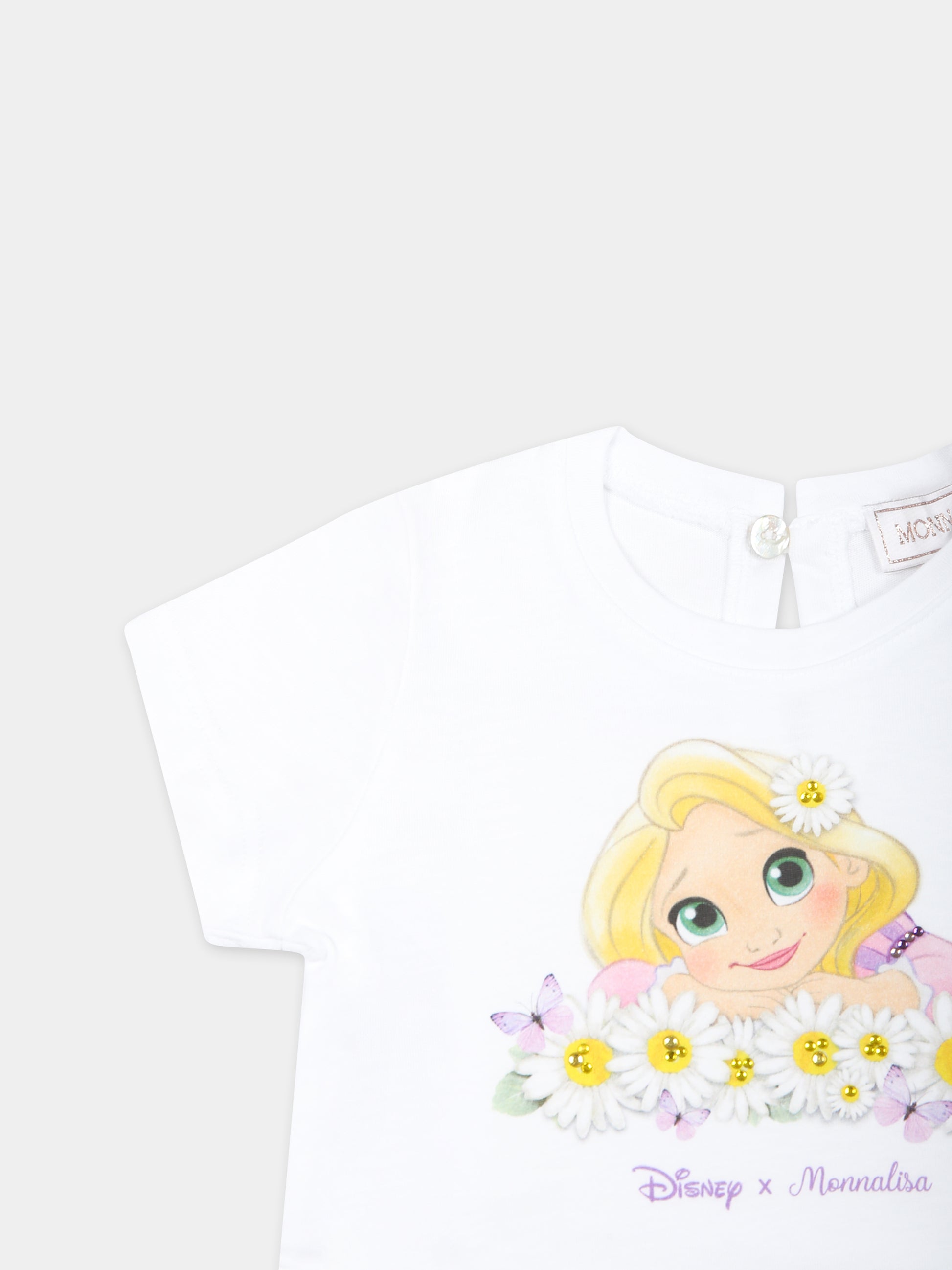 T-shirt bianca per neonata con stampa Rapunzel e logo,Monnalisa,39C615 3003 0099