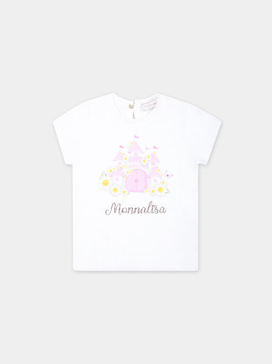 T-shirt bianca per neonata con stampa castello e logo,Monnalisa,39C614 3003 0099