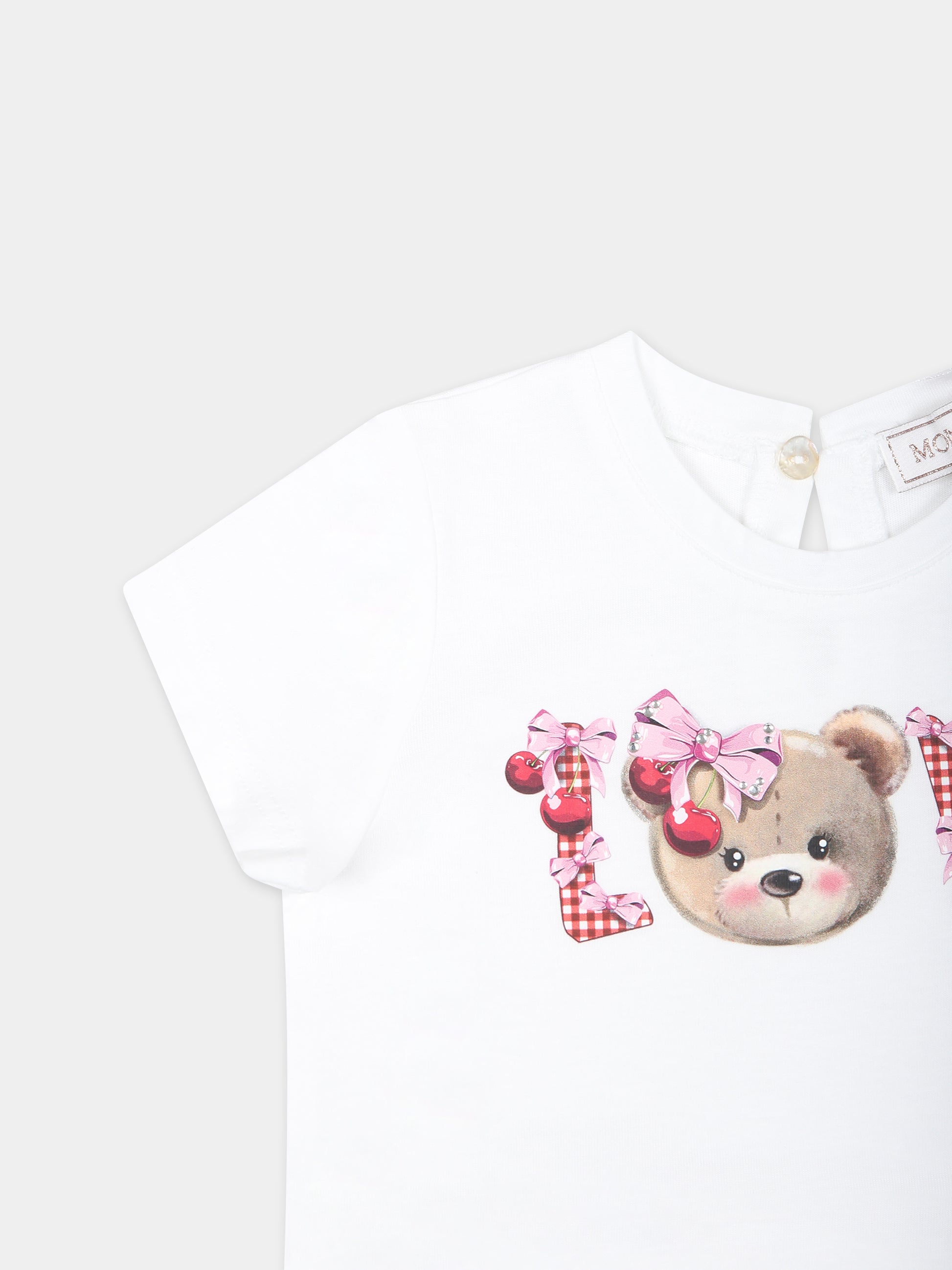 T-shirt bianca per neonata con stampa orso e scritta,Monnalisa,39C611 3003 9990