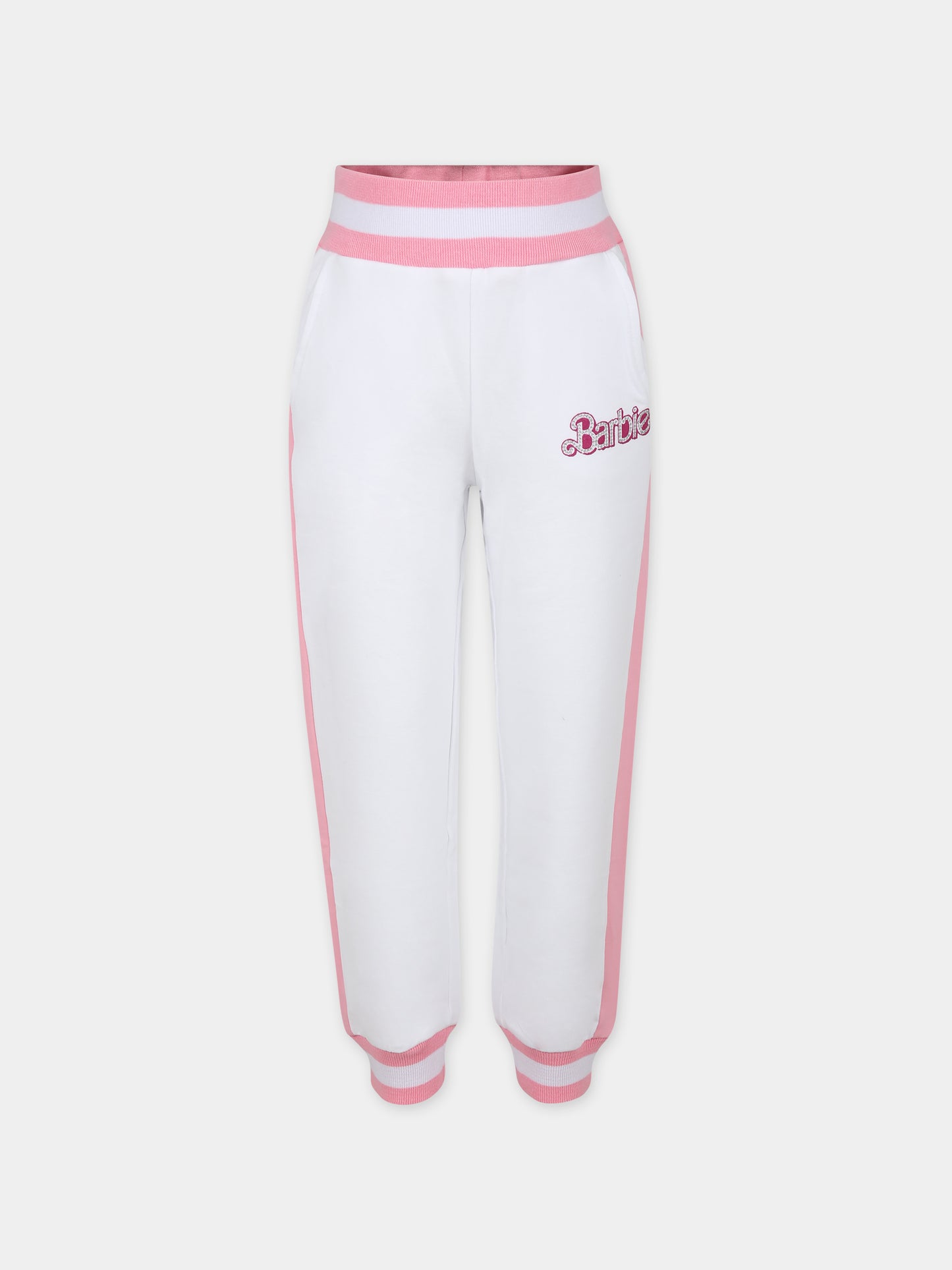 Pantaloni bianchi per bambina con scritta e strass,Monnalisa,19C437 3008 0099