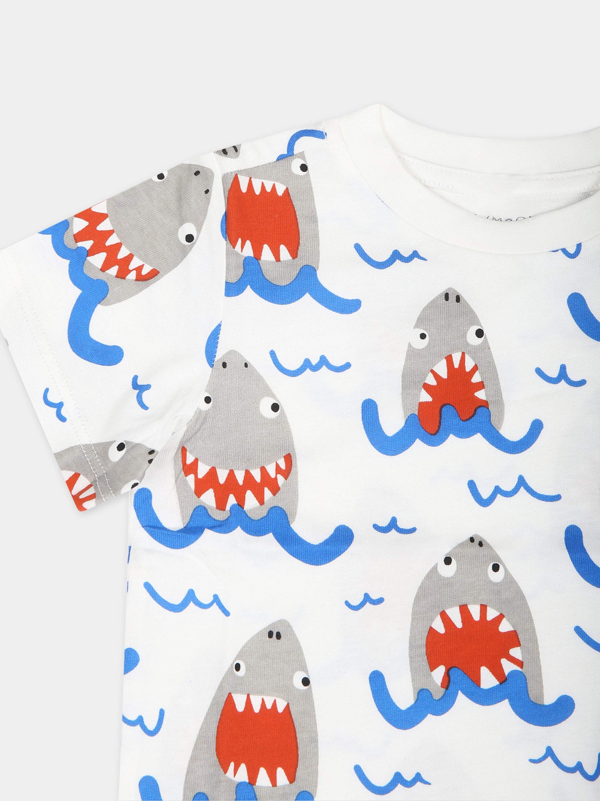 T-shirt bianca per neonato con stampa squalo all-over,Stella Mccartney Kids,TU8691 Z1861 101MC