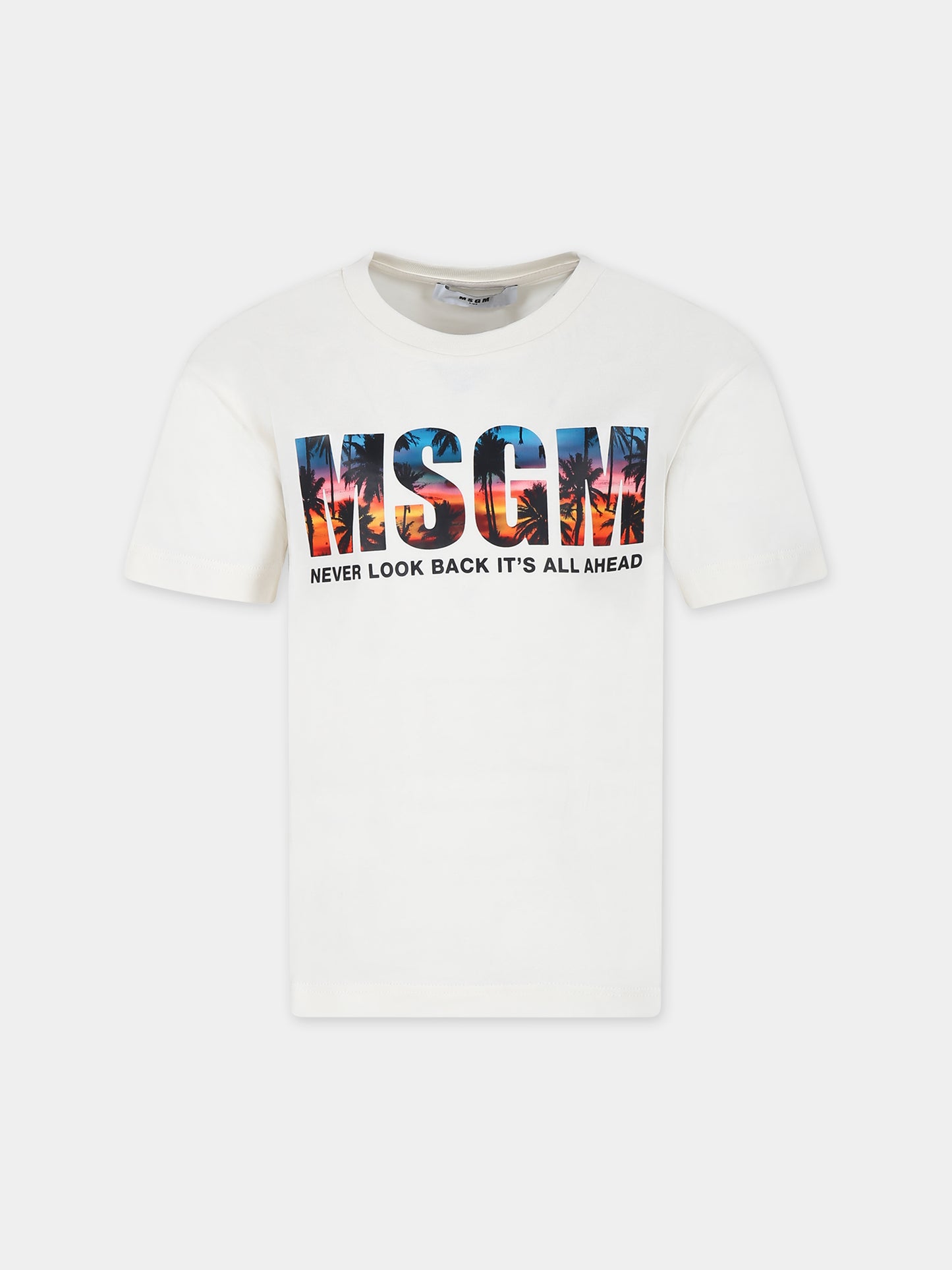 T-shirt avorio per bambino con logo e stampa palme,Msgm Kids,S4MSJBTH239 013