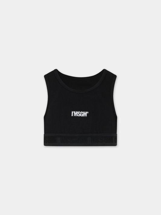 Top crop nero per bambina con logo,Msgm Kids,S4MSJGTO287 110