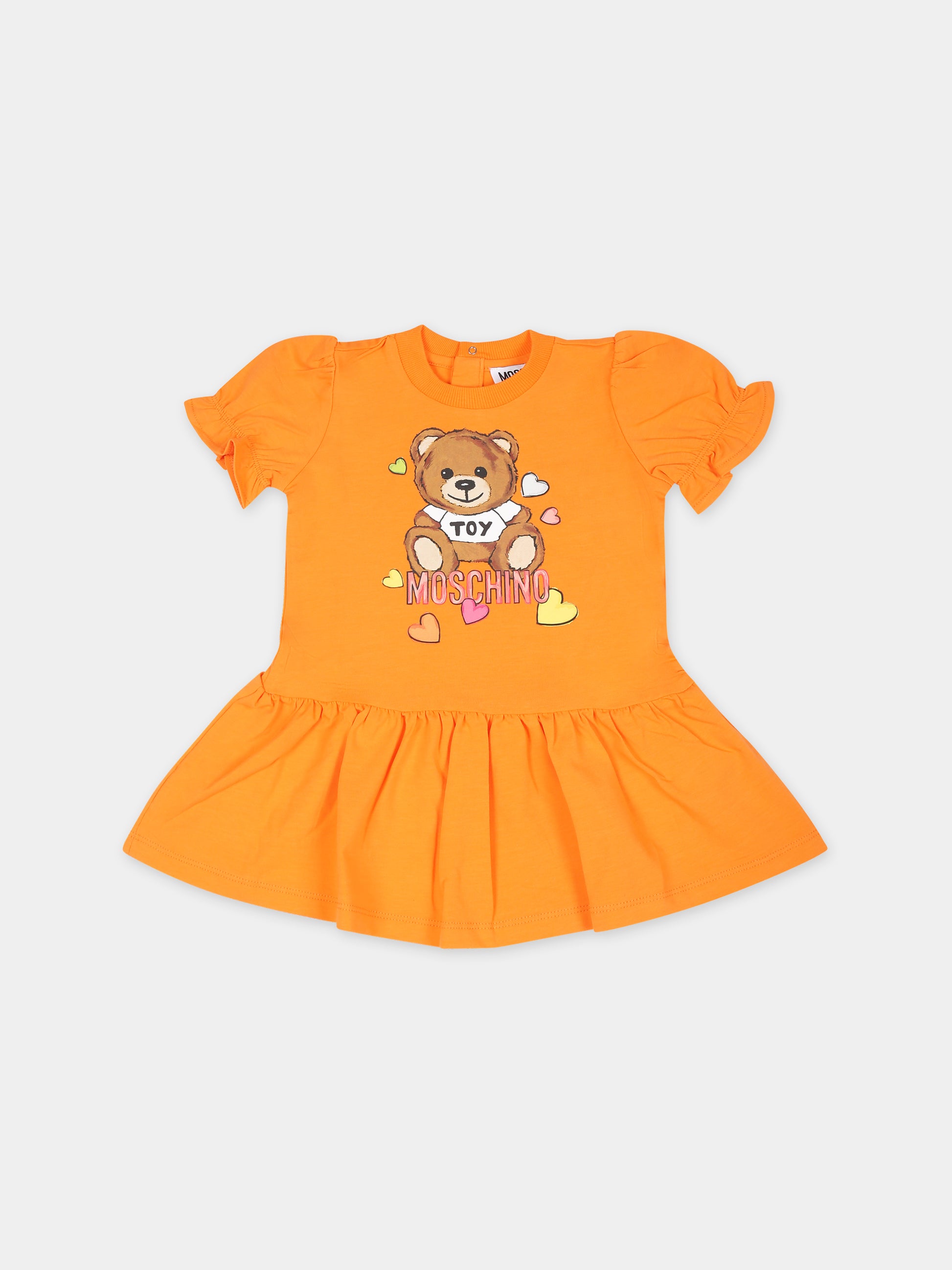 Vestito arancione per neonata con Teddy Bear e cuori,Moschino Kids,MDV0B5 LBA10 50219