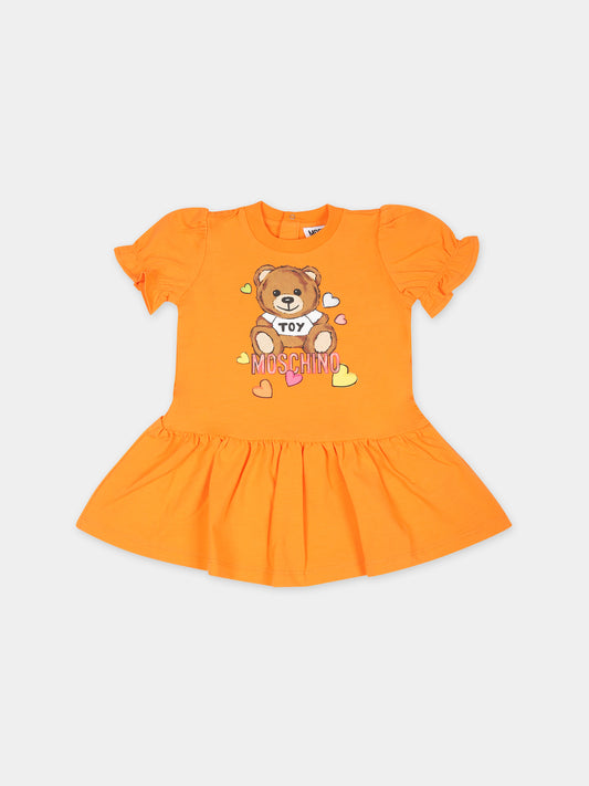 Vestito arancione per neonata con Teddy Bear e cuori,Moschino Kids,MDV0B5 LBA10 50219